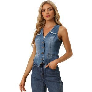 Denim Vest Sleeveless V Neck Washed Distressed Jean Jacket Gray Blue